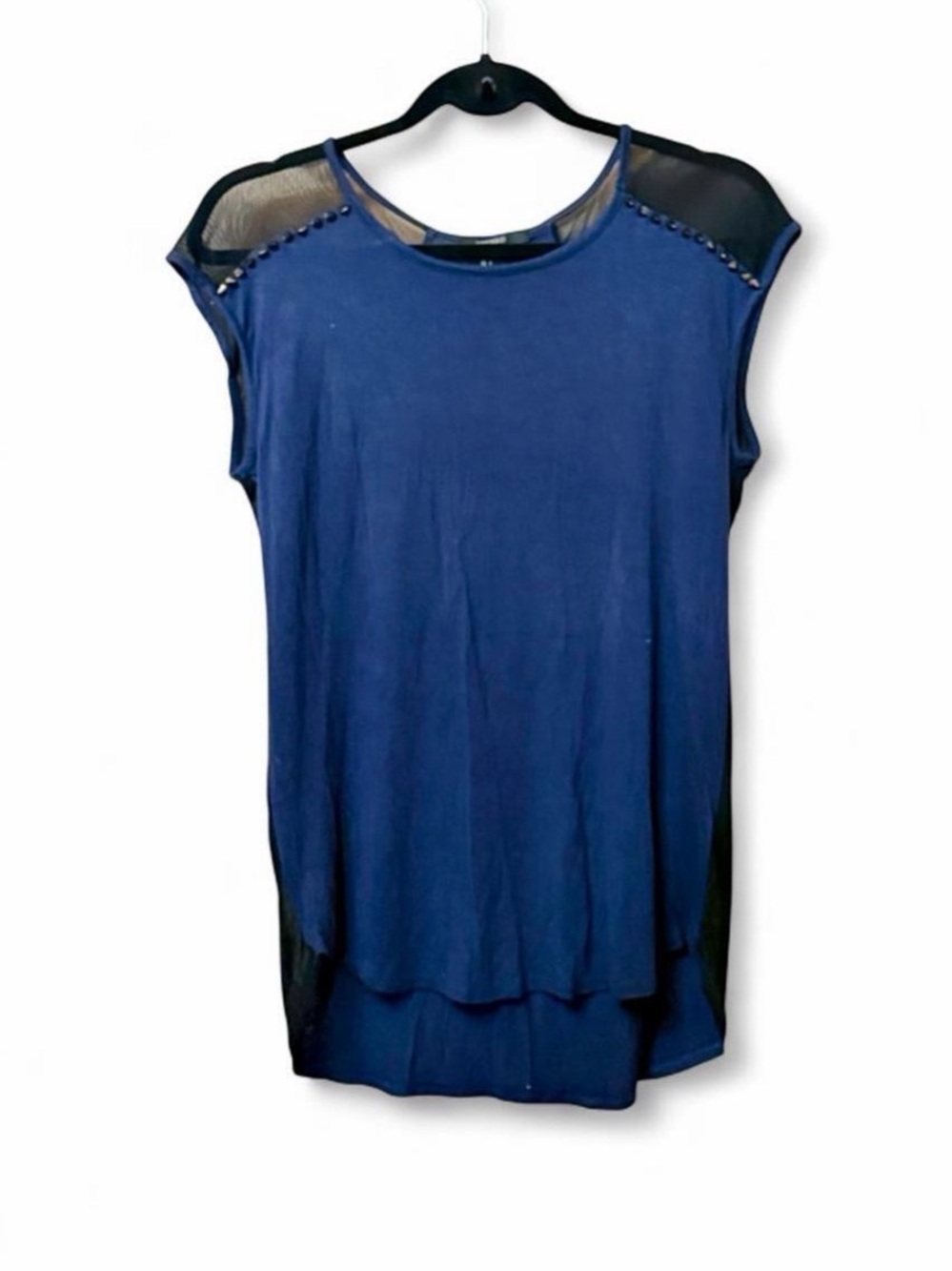 Forever 21 Navy Blue Blouse with Black Mesh Panels & Spikes on Shoulders Sz S